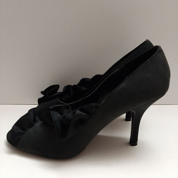 ANN MARINO Ruffle Detail Peep-Toe Slip-On High Heel Shoes Black Fabric Sz 9 M - Picture 8 of 16